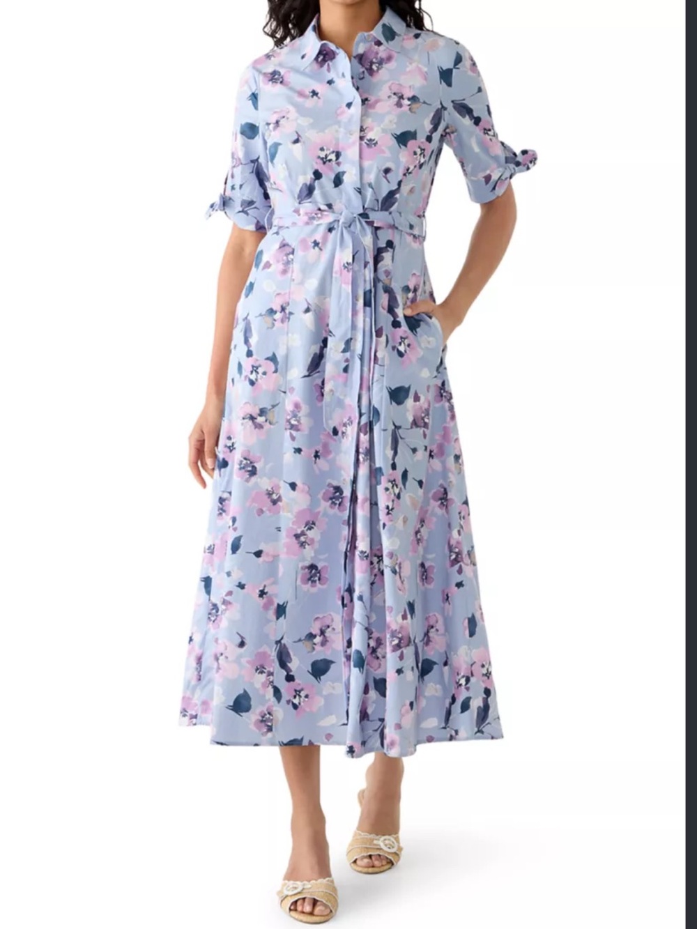 Calvin Klein Floral Midi 100% Cotton Shirtdress with matching belt size 8